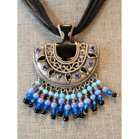 CHICO'S Three Strand Leather Corded Necklace W/ Beaded Silvertone Pendant - Picture 2 of 7